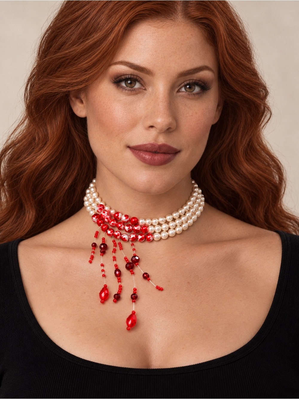 Pearl Red Bead Multi-Strand Choker Necklace - Women Jewelry